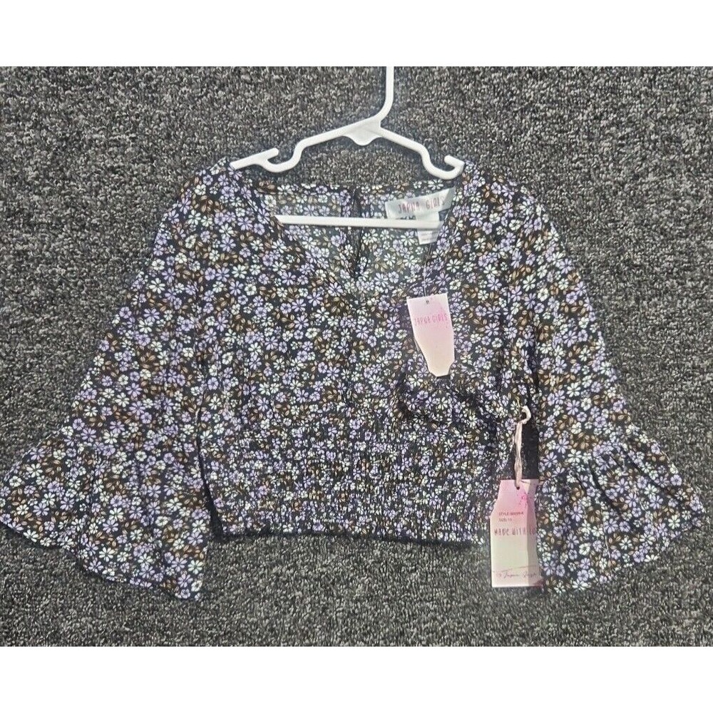 Japna Girls Size 10 Floral Black Crop Top Bell Sleeves Brand New NWT